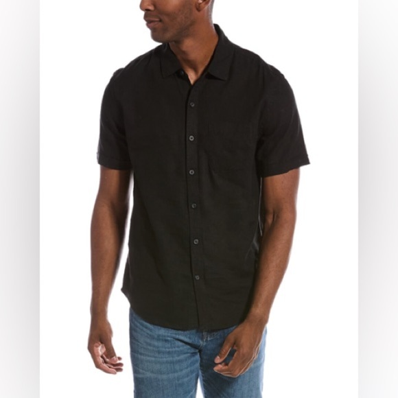 Magaschoni MAN Linen Blend Button Down Short Sleeve Shirt Black Large - Picture 1 of 8